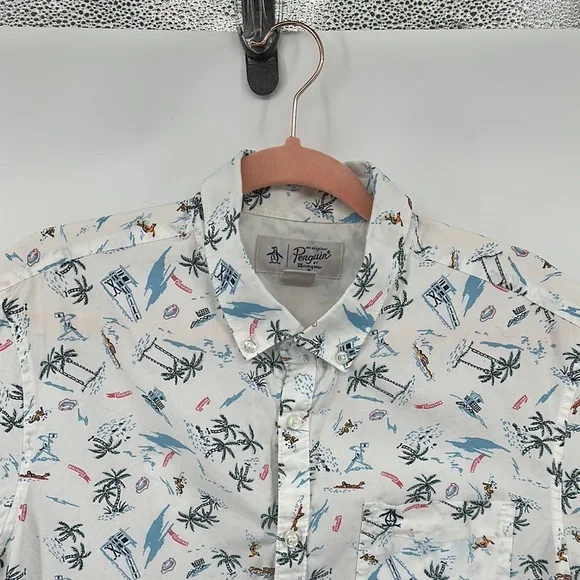 Original Penguin White&Blue Surfer&Beach Design Casual Button Down Shirt Sz Lg - Picture 5 of 11